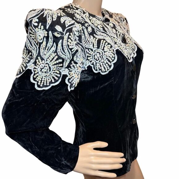 VTG Jessica McClintock Black Velvet Sequin Victorian Goth Glam Bolero Jacket S - Picture 4 of 16